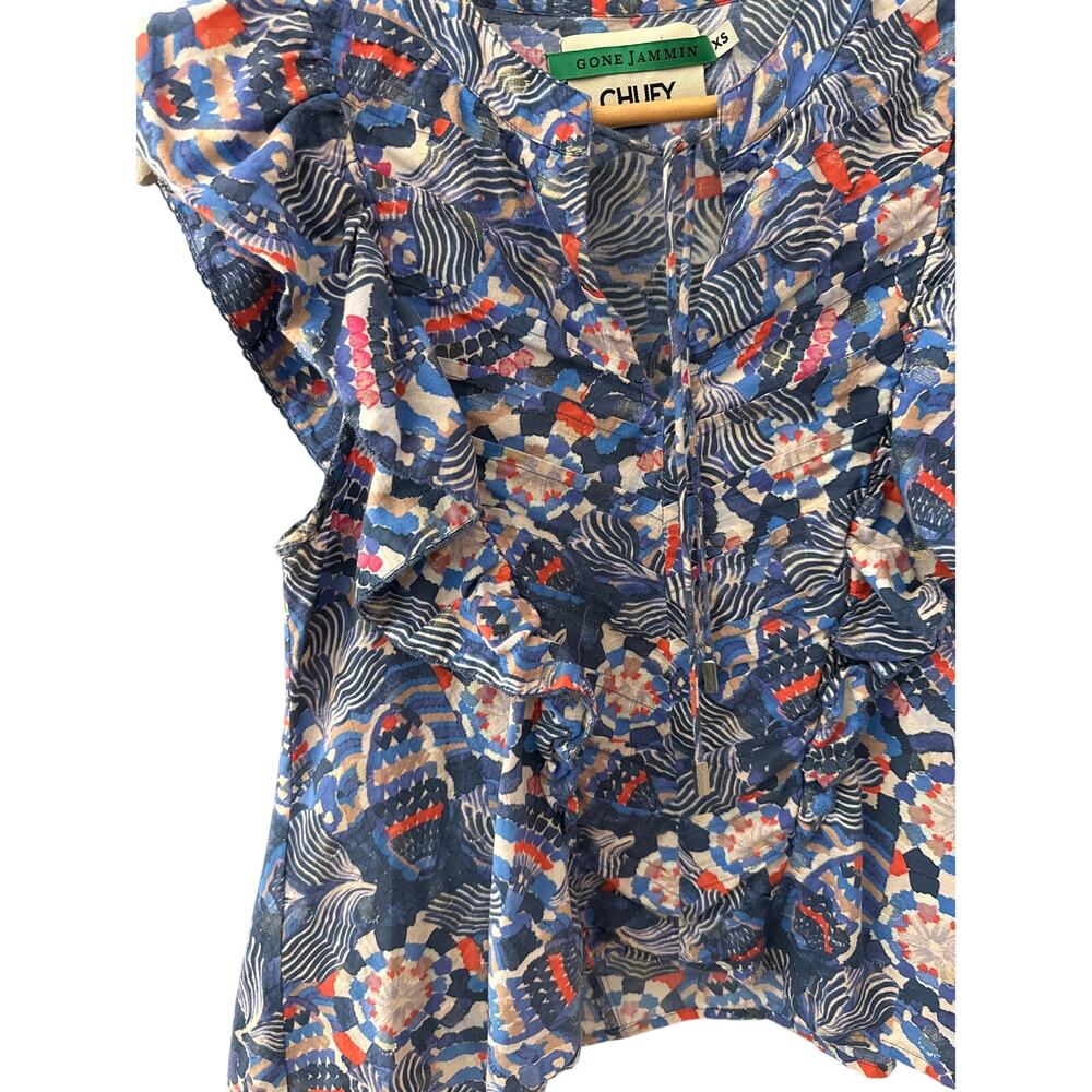 Chufy Dekker Mosaic Flutter Sleeve Gone Jammin Top Blue Multi Guipure Size XS - Picture 11 of 11